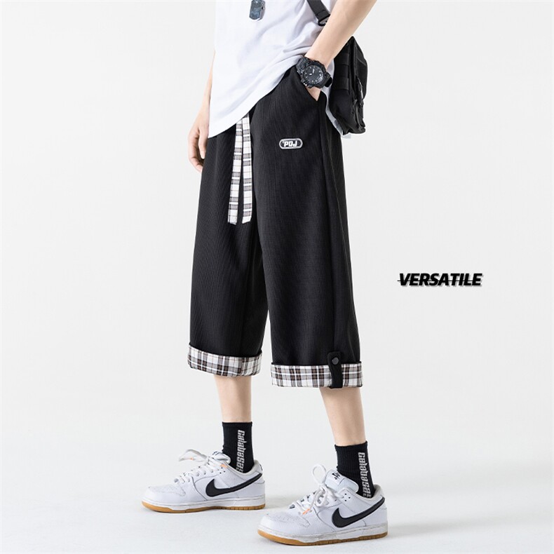 2023夏华夫格男无影墙大码休闲宽松翻边搭扣格子七分裤K23863-P35,男装休闲裤,电商A082