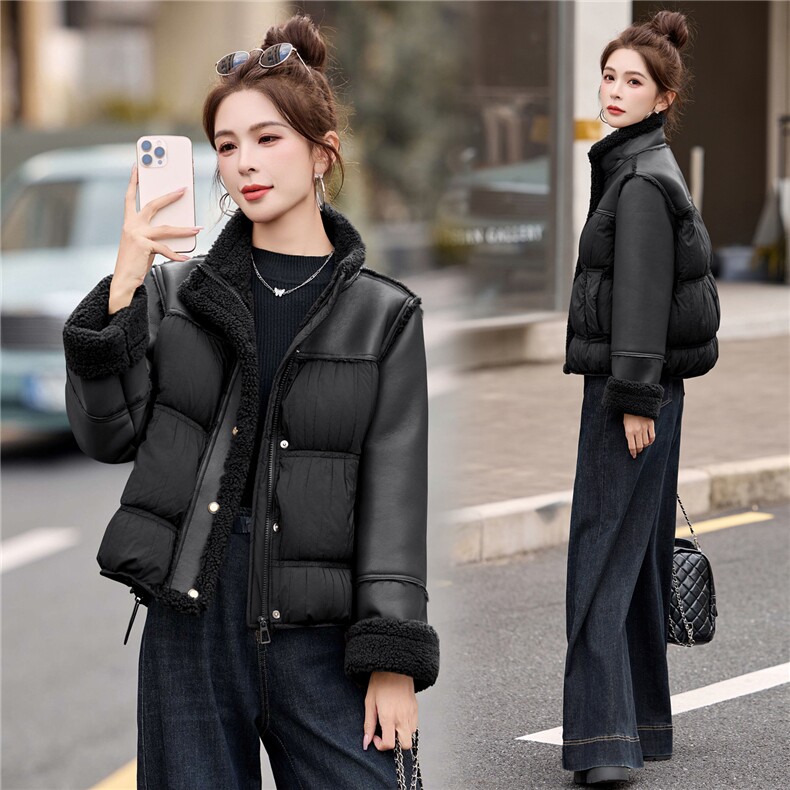 2025新款冬季90绒加厚小个子短款拼接羊羔毛PU皮羽绒服外套,女装羽绒服,瑶迪依秀
