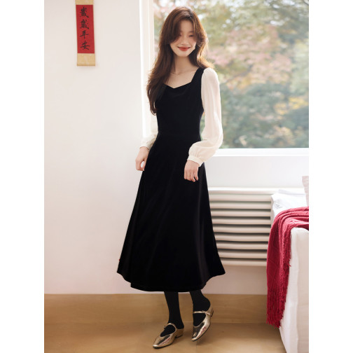 2025春新优雅小黑裙丝绒拼接伞摆连衣裙新年系列年会礼服,女装连衣裙,梦白服饰厂