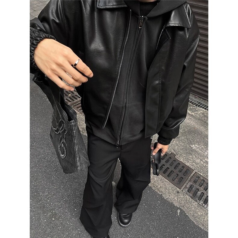 复古cleanfit短款垫肩皮衣外套男加厚夹棉高级感休闲宽松皮夹克,男装夹克,星座506A