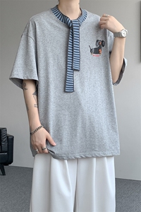8XL-M 纯棉复古拼接假领带设计短袖美式T恤男重工情侣上衣潮DX341图片