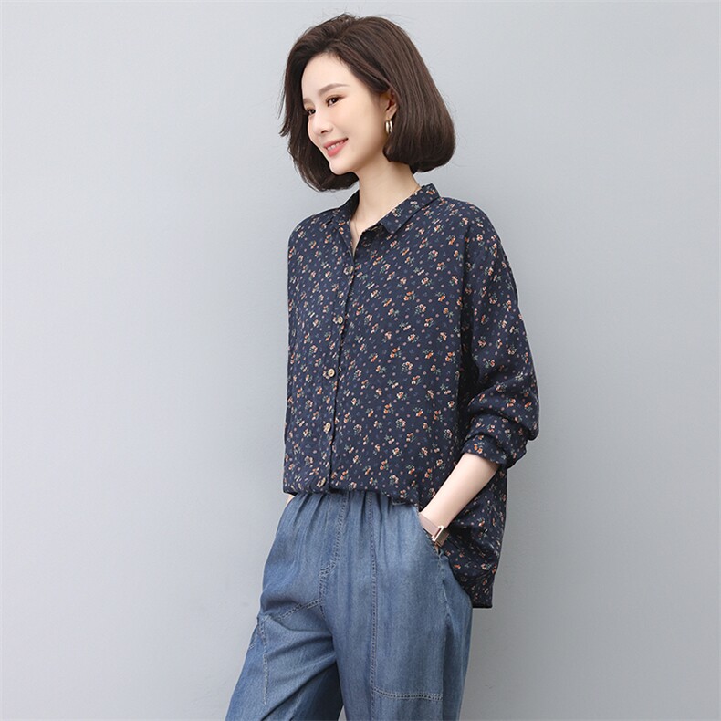 2024春秋季新款纯棉长袖衬衫女妈妈大码宽松洋气减龄碎花衬衣,女装衬衫,忆绮罗