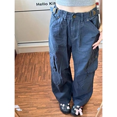 藏青色多口袋工装裤欧美hiphop炸街裤子小众设计感宽松直筒休闲裤，男装牛仔裤，星座506A
