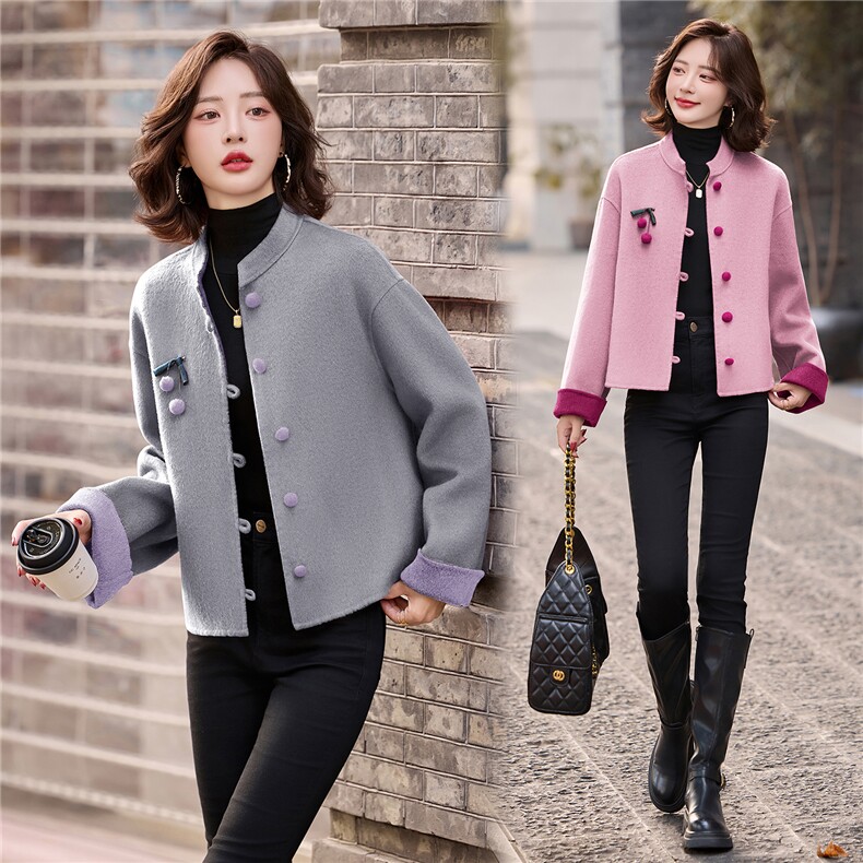 双面羊绒大衣短款2026新款秋冬黑红新中式双面呢子妈妈毛呢短外套，女装双面呢大衣，衣之秀