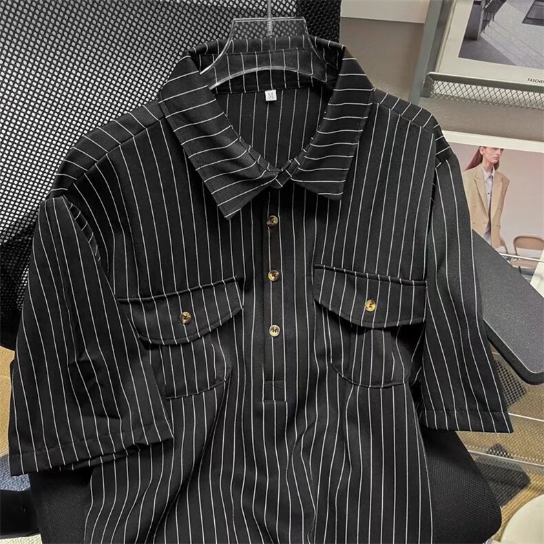 日系条纹衬衫男短袖T恤POLO衫ins痞帅HC22P38,男装衬衫,星座1116-2