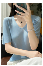 夏季新款精纺针织短袖女撞色条纹Polo领刺绣减龄T恤上衣薄款，女装T恤，九嘉羊绒