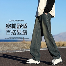 港风做旧高街直筒牛仔裤男士宽松休闲韩版潮流休闲阔腿长裤子P55，男装牛仔裤，星座205-1