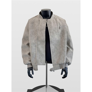 复古做旧PU皮夹克男款秋冬cleanfit垫肩立领机车服外套W6764-P70图片