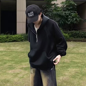 抖音得物二开 美式重磅宽松结构拉链设计防风高领连帽卫衣外套W76图片