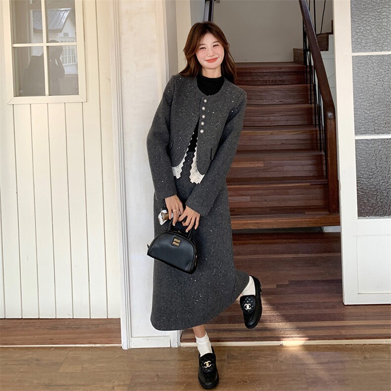 灰色小香风毛呢套装裙女2025秋季新款高级感名媛气质半身裙两件套,女装套装/套裙,2C129