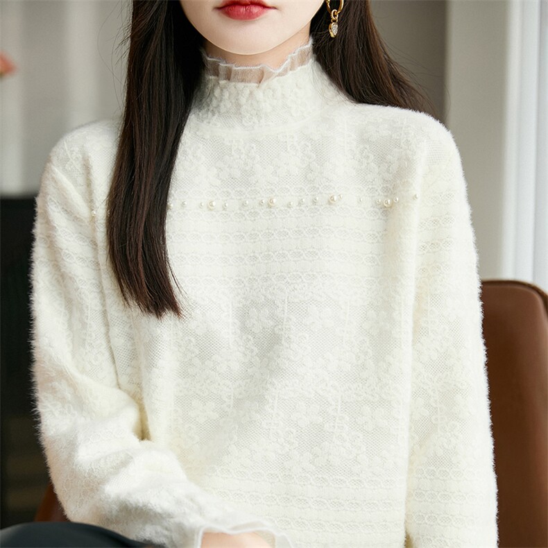 半高领蕾丝花边精纺羊毛衫女加厚镂空钉珠提花针织毛衣宽松打底衫,女装羊毛衫,郡淞羊绒