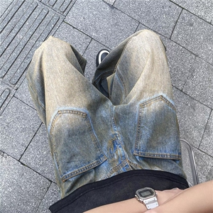 小众口袋设计废土做旧牛仔裤男休闲直筒复古宽松长裤夏N0677-P52图片