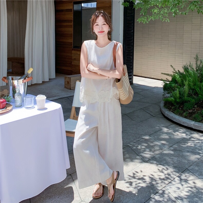 韩版蕾丝花边背心套装女2025年夏季新款休闲显瘦通勤阔腿裤两件套,女装套装/套裙,2C168