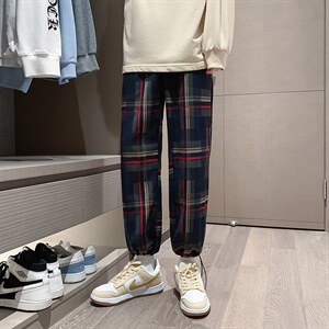 K3101-P45秋季港风格子潮流宽松百搭男女情侣休闲运动长裤控58，女装休闲裤，电商A009A（原A058A）