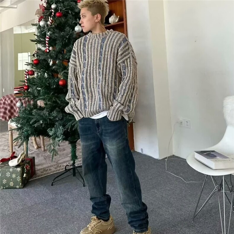 复古条纹撞色毛衣男秋冬韩系风格穿搭圆领休闲情侣针织衫,男装针织衫/毛衣,星座410-7