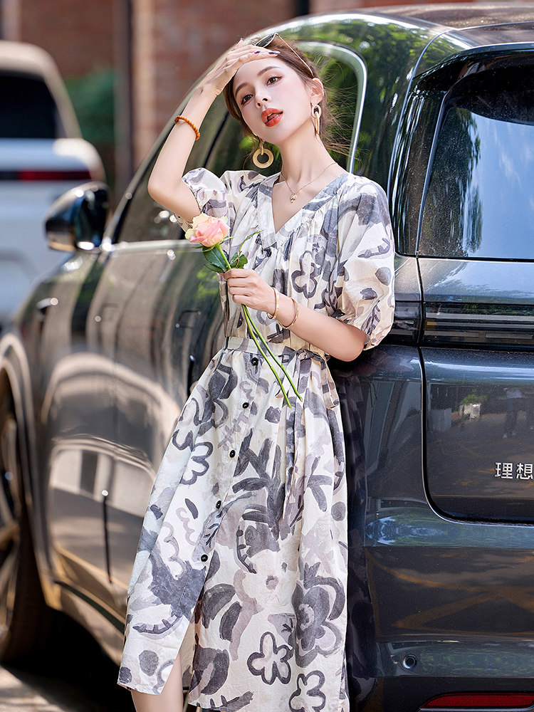 复古时尚艺术感印花连衣裙女2025夏季新款松弛慵懒风泡泡袖A字裙,女装连衣裙,半夏