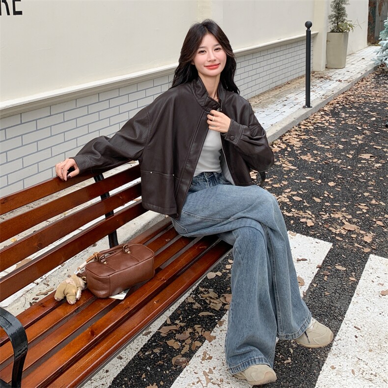 棕色抽绳立领皮衣外套女2025秋新款酷盐系复古宽松小个子百搭夹克,女装皮衣,2C283