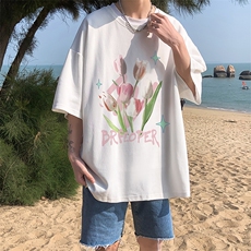 港风油画郁金香创意印花夏季重磅落肩袖短袖t恤B239-1253-P28，男装T恤，星座514-2(原B239)