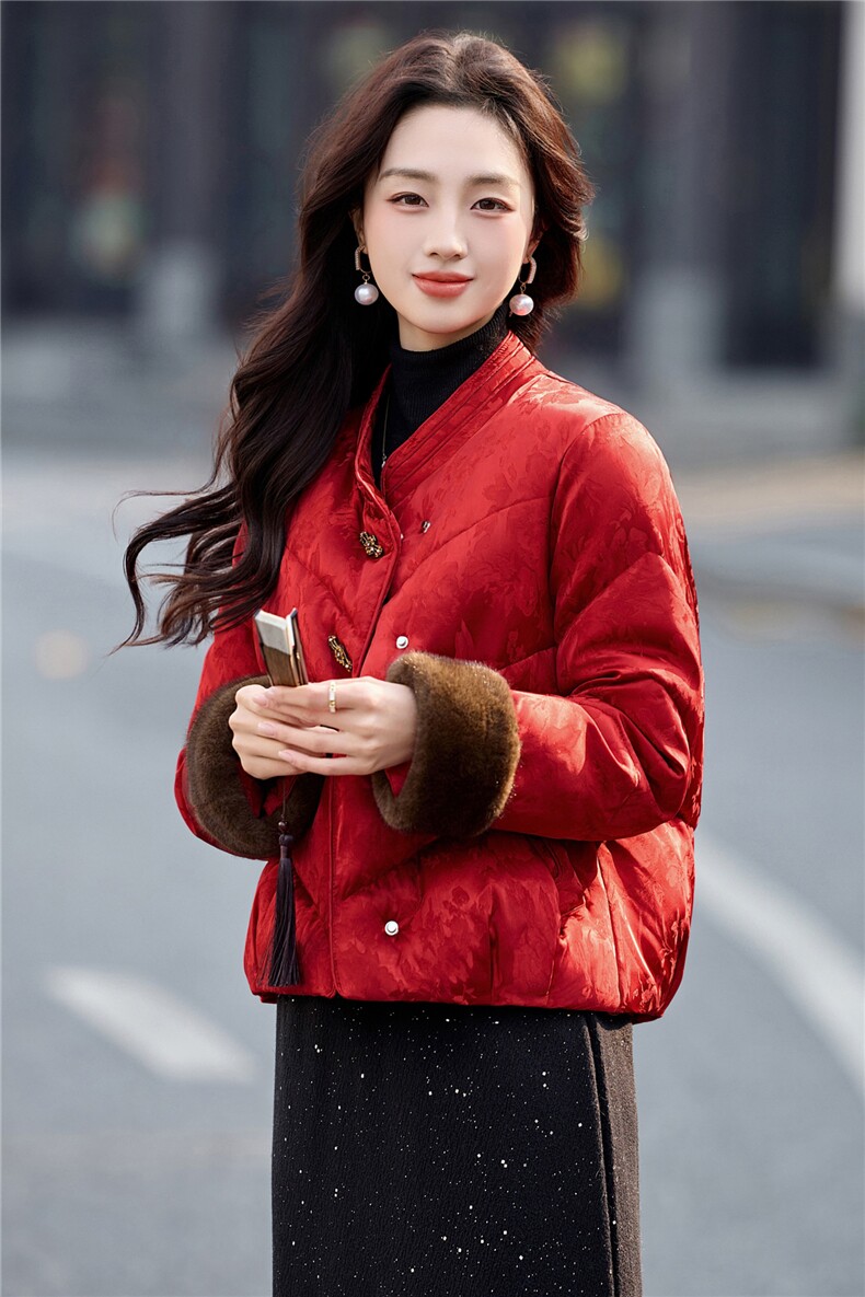 新中式guo风2025年冬季新年主推款可拆卸袖毛暗纹提花气质棉衣,女装棉衣/棉服,乐吉娜