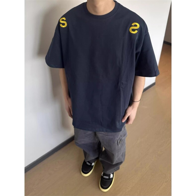 美式复古男款贴布刺绣体恤衫重磅全棉情侣宽松落肩oversize五分袖,男装T恤,星座1210-1