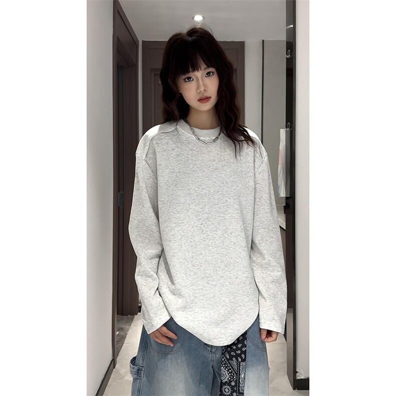 抖音得物高品质26春装设计感长袖打底衫纯色拉链肩圆领卫衣W123,男装T恤,电商A486-1
