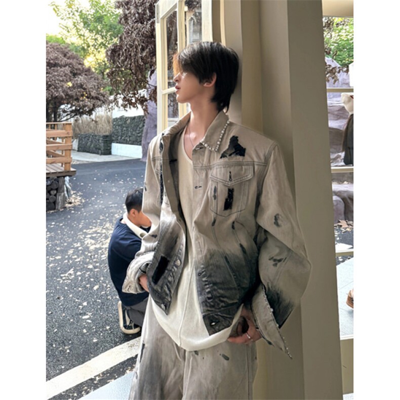 复古秋季小众水洗做旧渐变牛仔夹克套装男女休闲外套长裤NC1985,男装夹克,星座1116A（原606A-3）