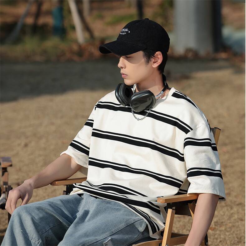 夏季新圆领条纹T恤衫男士半袖日系潮牌男装宽松短袖t恤TX170-P45，男装T恤，星座1109-1