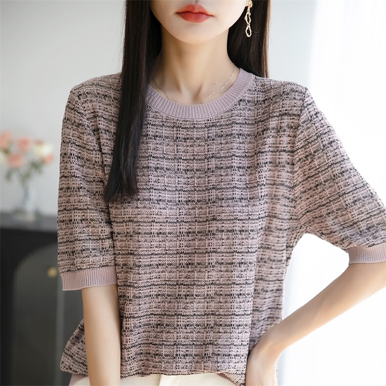 2025新款天丝莱赛尔针织短袖女圆领提花条纹上衣宽松亮丝半袖打底,女装T恤,佳绒包芯纱店
