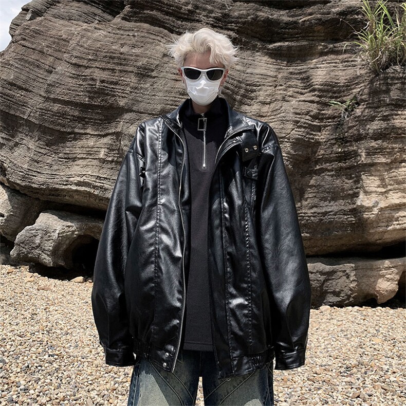 机车服男款潮牌宽松工装PU皮衣外套秋季高街潮流休闲痞帅立领夹克,男装皮衣,星座410-7
