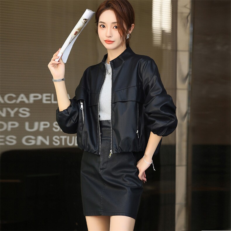 2024新款秋季宽松显瘦休闲皮衣夹克中古机车立领外套女黑色pu夹克,女装皮衣,欧兰熙
