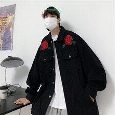 单排扣牛仔夹克长袖宽松型潮翻领玫瑰刺绣牛仔外套BW28P65，男装夹克，星座1116-2