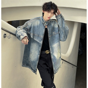 美式牛仔外套男春款美式复古欧美潮牌条纹立领夹克衫W6329-P72图片