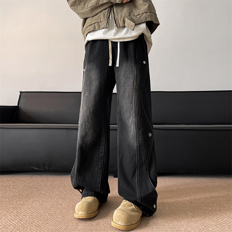 潮流拼接排扣牛仔裤男士水洗做旧直筒牛仔裤K9081P65，男装牛仔裤，电商A073