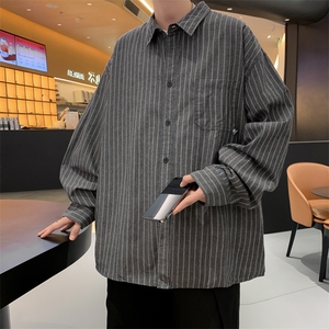 F09-P32 日系复古条纹衬衫男士春季牌复古学院风长袖宽松衬衣图片