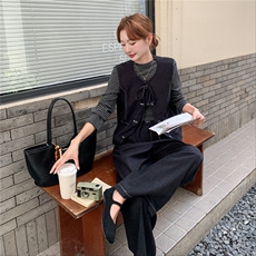 法式老钱风时尚套装女2025秋减龄巨好看马甲条纹t恤阔腿裤三件套，女装套装/套裙，2C090