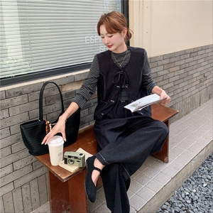 法式老钱风时尚套装女2025秋减龄巨好看马甲条纹t恤阔腿裤三件套图片