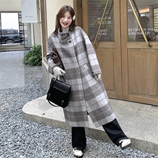 灰色格纹双面呢大衣女中长款2024冬季韩系设计感气质时尚毛呢外套，女装双面呢大衣，千千佰惠