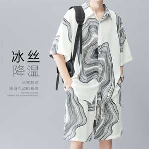 夏季大码薄款冰丝短袖衬衫短裤男休闲透气宽松两件套装TZ068-P65图片