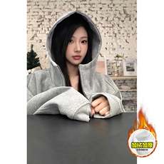 480G重磅加绒硬挺boxy男女秋冬美式高街结构高领卫衣开衫厚外套，女装短外套，电商A486