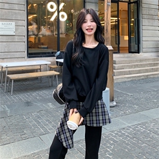 休闲格纹拼接卫衣阔腿裤套装女春秋松弛感运动两件套ootd减龄超火，女装套装/套裙，2C236