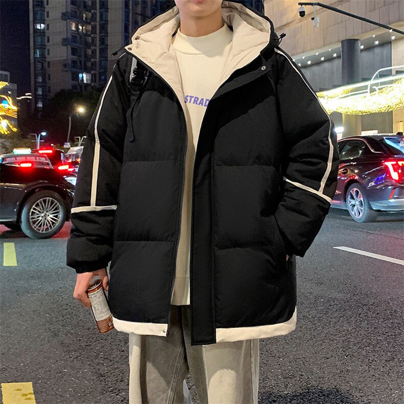 拼色条纹棉服男连帽宽松潮流冬季加厚保暖棉袄青少年男生棉衣外套,男装棉衣,电商A409-1