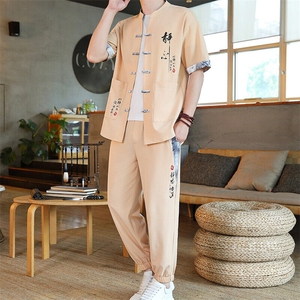 风男装夏季冰丝弹力短袖开衫套装男汉服套装图片