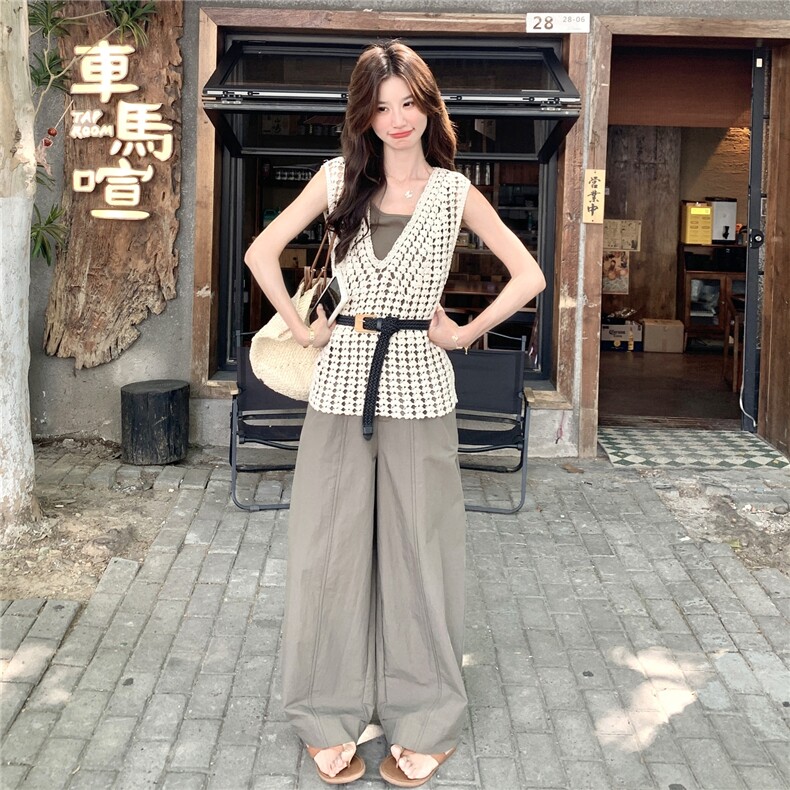 军绿色镂空罩衫背心阔腿裤三件套装女夏2025新款爆款流行巨好看,女装套装/套裙,维壹