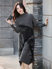 【现货】2025年秋季新款假两件水墨花毛衣裙中长款显瘦气质，女装针织衫/毛衣，辉煌依升