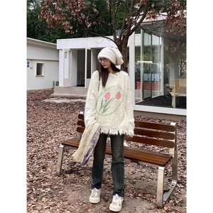 奶呼呼软糯水貂绒毛衣女秋冬加厚外穿宽松慵懒风圆领套头针织上衣图片