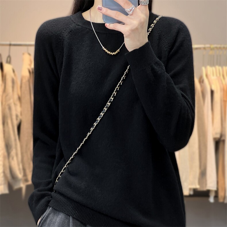女士秋冬季新款舒适简约圆领平面插肩羊毛衫,女装羊毛衫,奢优羊绒