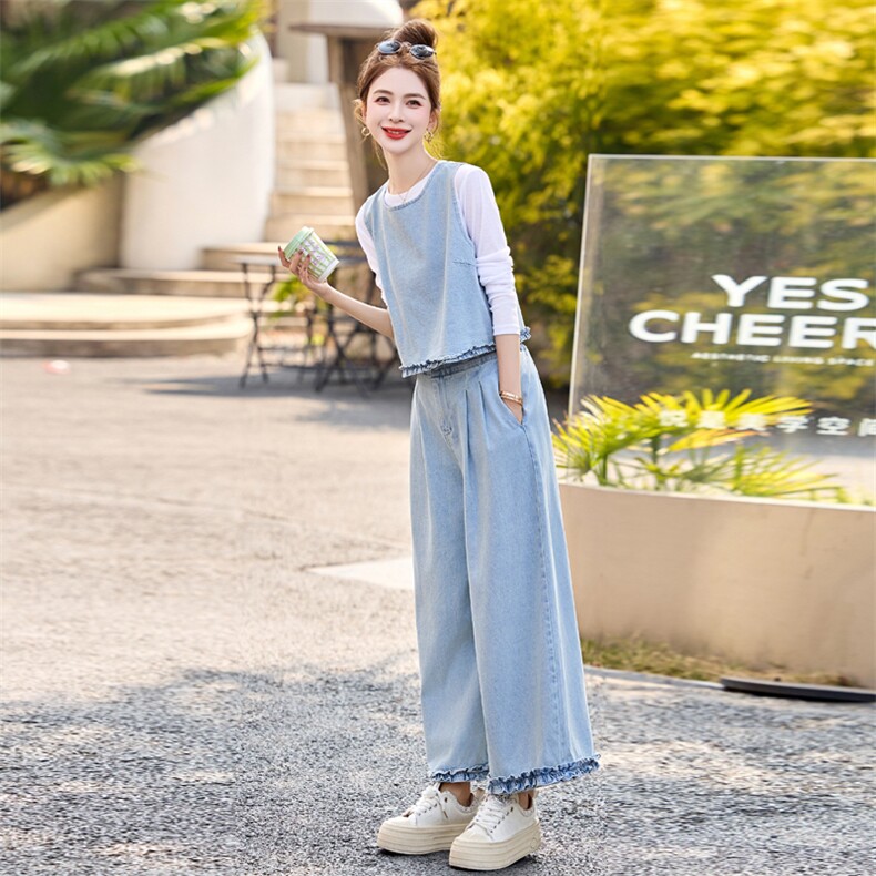 2025秋新款蕾丝拼接收腰牛仔马甲背心九分裤阔腿裤三件套，女装套装/套裙，瑶迪