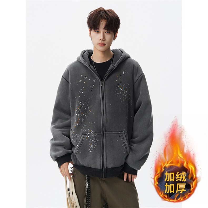 秋季美式烫钻开衫拉链卫衣男潮牌高级感痞帅短宽外套男WY37P98，女装短外套，电商D206-1