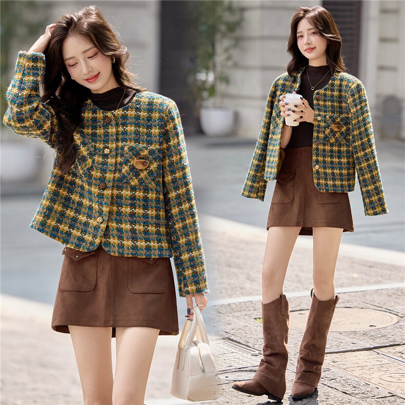 2025年秋季新款粗花呢小香风外套短款呢大衣，女装毛呢外套，慕依路