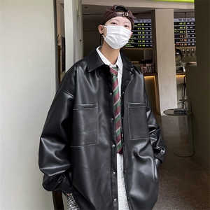 男装秋季港风纯色休闲男宽松PU皮衣夹克外套衬衫A071-C28-P75